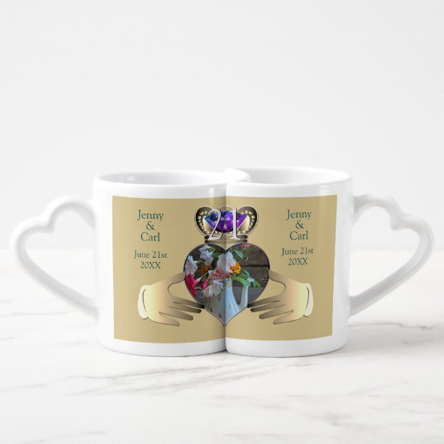 21st Wedding Anniversary Claddaugh Photo Iolite Coffee Mug Set (Front Nesting)