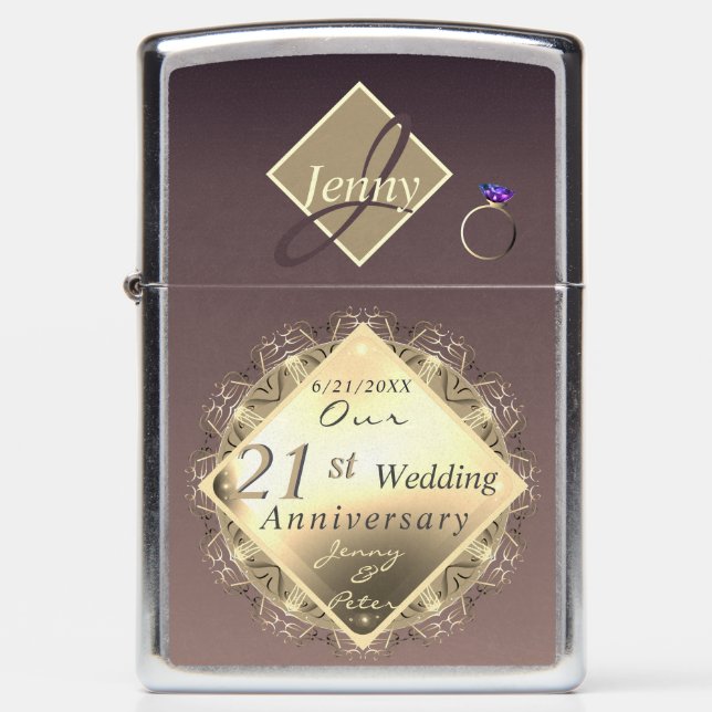 21st Wedding Anniversary Iolite& Brass   Zippo Lighter (Front)