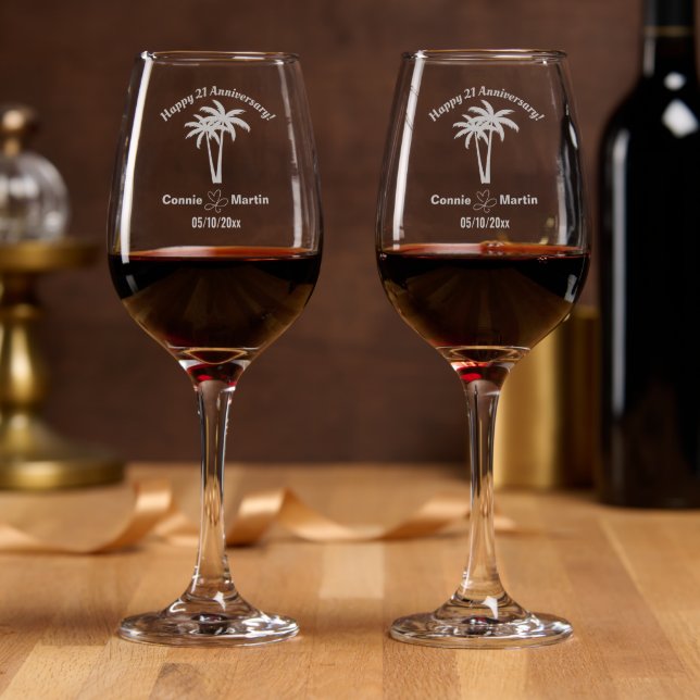 21st Wedding Anniversary Palm Trees Wine Glass (Party)