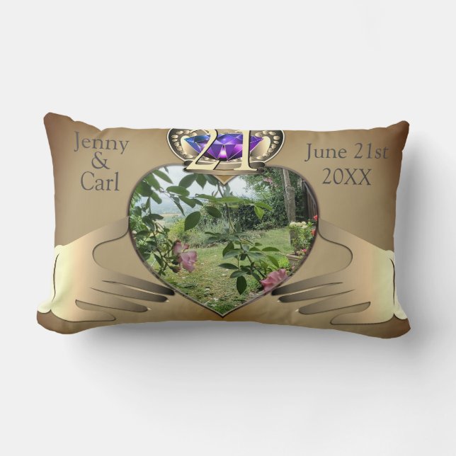 21st Wedding Brass Photo Anniversary Claddaugh Lumbar Pillow (Front)