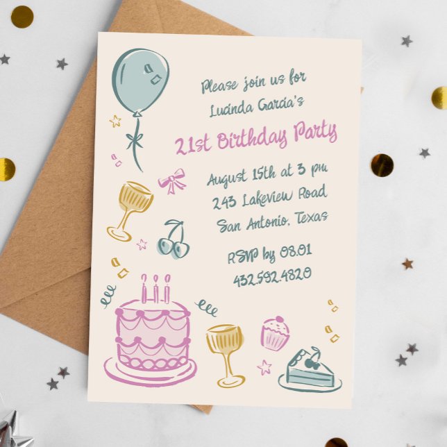 21st Whimsical Doodle Hand Drawn Birthday Party Invitation (Colourful 21st birthday party invitation in scribble style)
