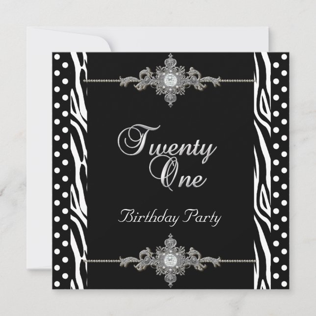 21st Zebra Silver White Black Spot Diamond Invitation (Front)