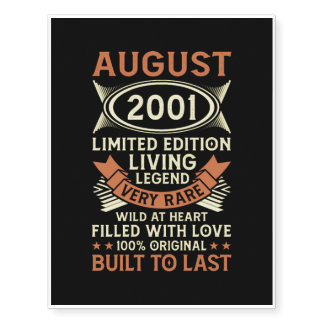 21th Birthday August Gift Vintage 2001 21 Years Temporary Tattoos