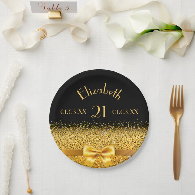 21th birthday black gold elegance name paper plates (Wedding)