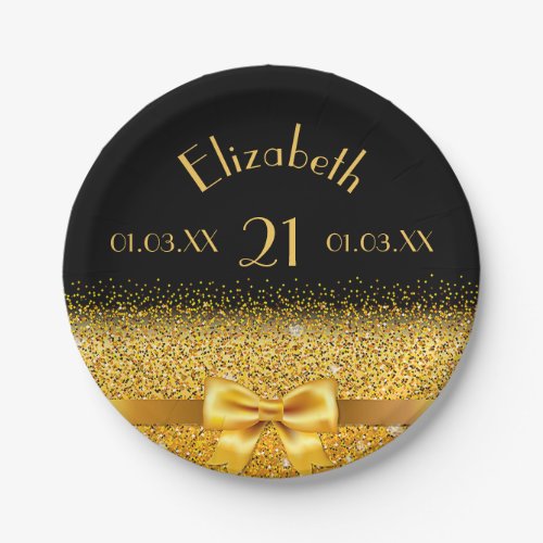 21th birthday black gold elegance name paper plates