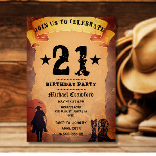 21th birthday cowboy old paper horse riding party invitation