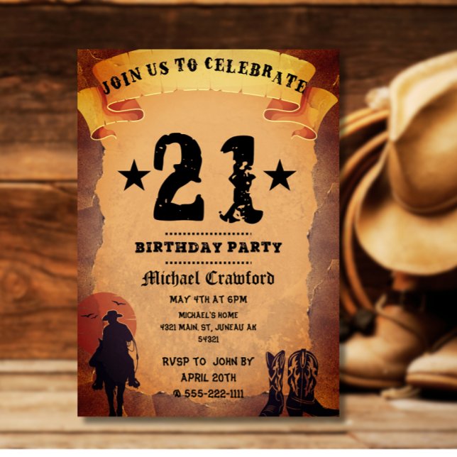 21th birthday cowboy old paper horse riding party invitation (Creator Uploaded)