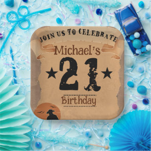 21Th Birthday Cowboy Wild  West  Old Paper Paper Plates