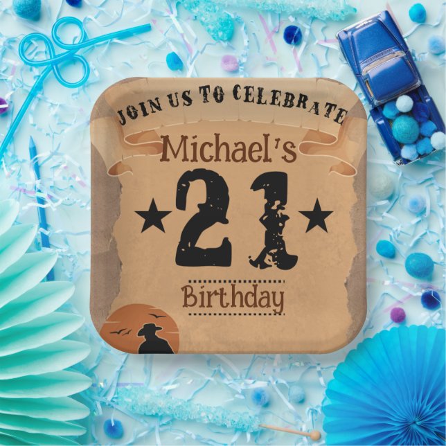21Th Birthday Cowboy Wild  West  Old Paper Paper Plates (Party)