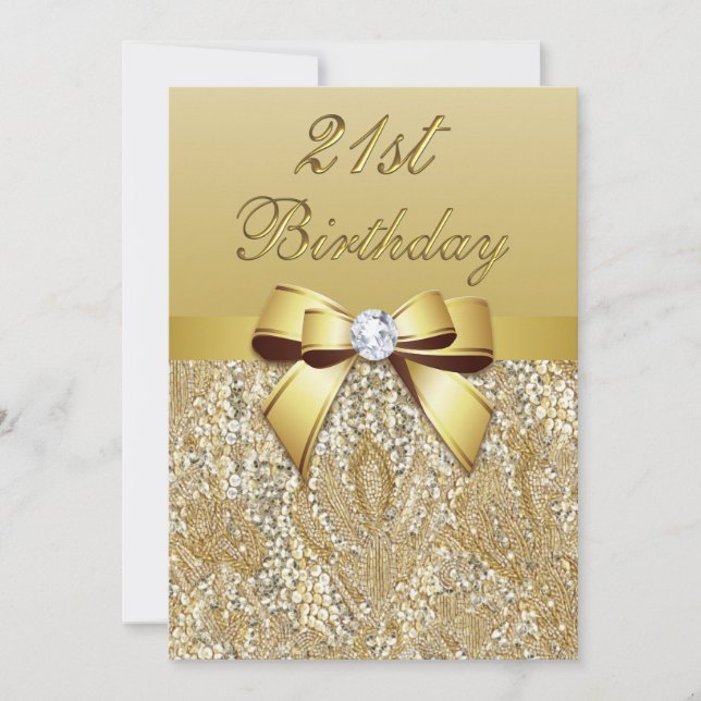 21th Birthday Gold Faux Sequins and Bow Invitation (Front)