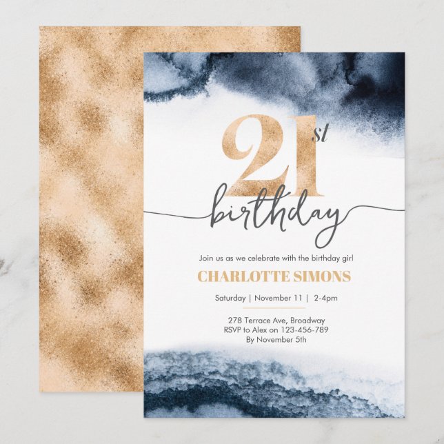 21th birthday invitation Navy watercolor and gold (Front/Back)