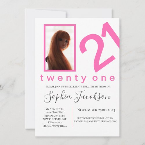 21th birthday party photo typography hot pink  invitation