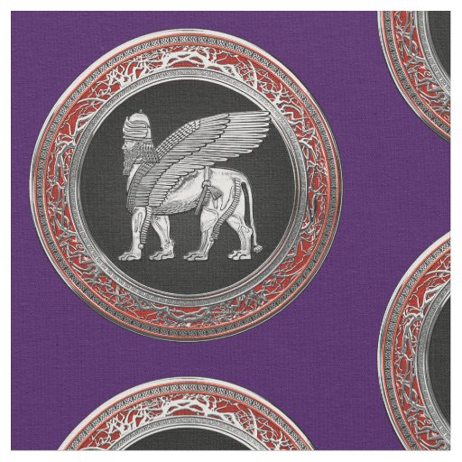 [220] Assyrian Winged Lion - Silver Lamassu Fabric