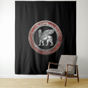 [220] Assyrian Winged Lion - Silver Lamassu Tapestry
