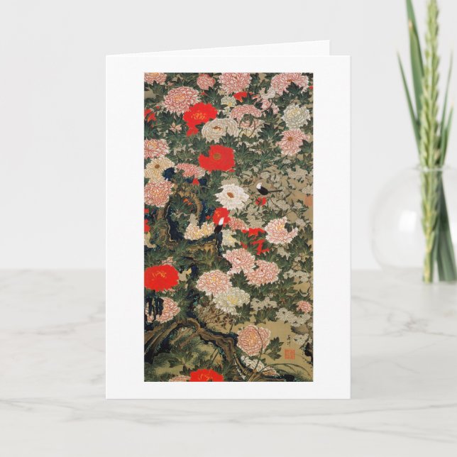 22. 牡丹小禽図, 若冲 Peonies & Small Birds, Jakuchū Card (Front)