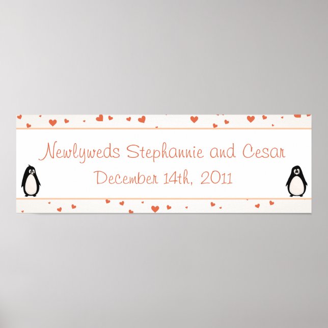 22.5"x7.5" Personalized Banner Penguin Love/Hearts Poster (Front)