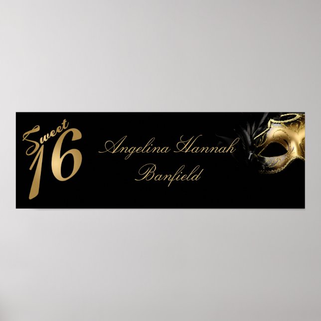 22.5"x7.5" Personalized Banner Sweet 16 Gold Poster (Front)