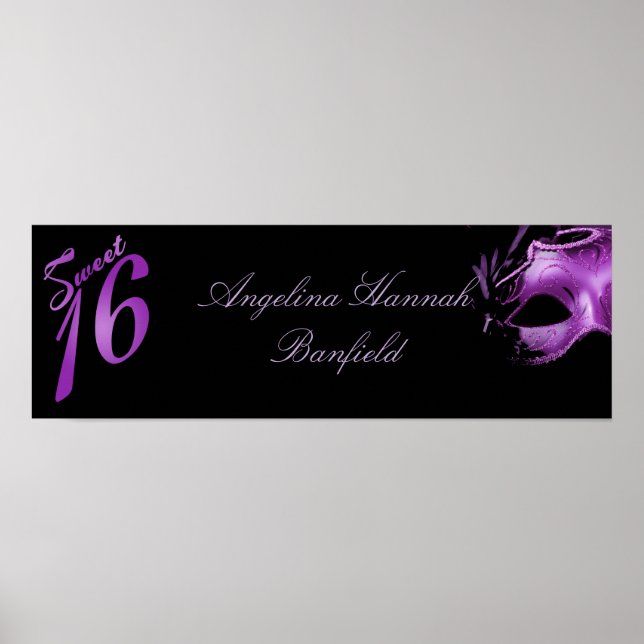 22.5"x7.5" Personalized Banner Sweet 16 Purple Poster (Front)
