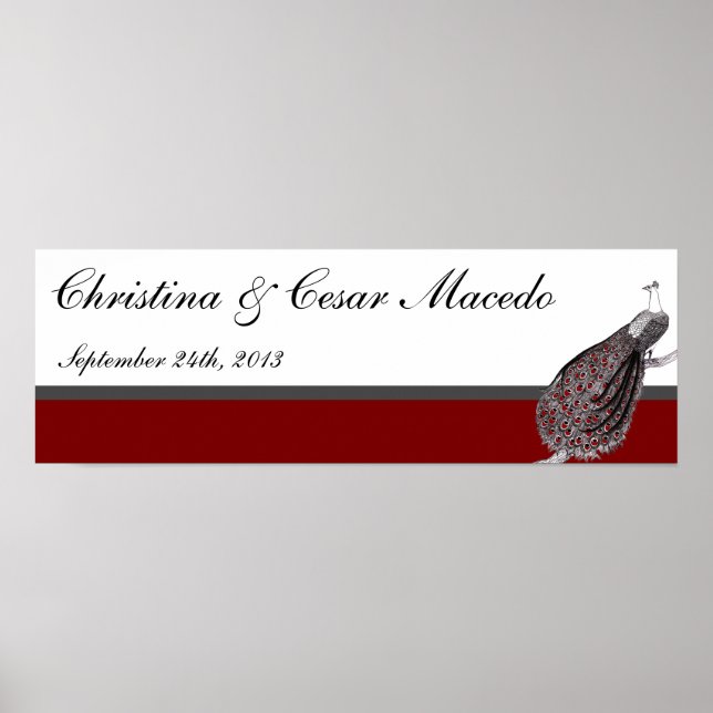22.5"x7.5" Personalized Peacock Red Black White Poster (Front)