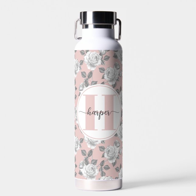 22 oz. Rose Garden Monogram Pink Water Bottle (Front)