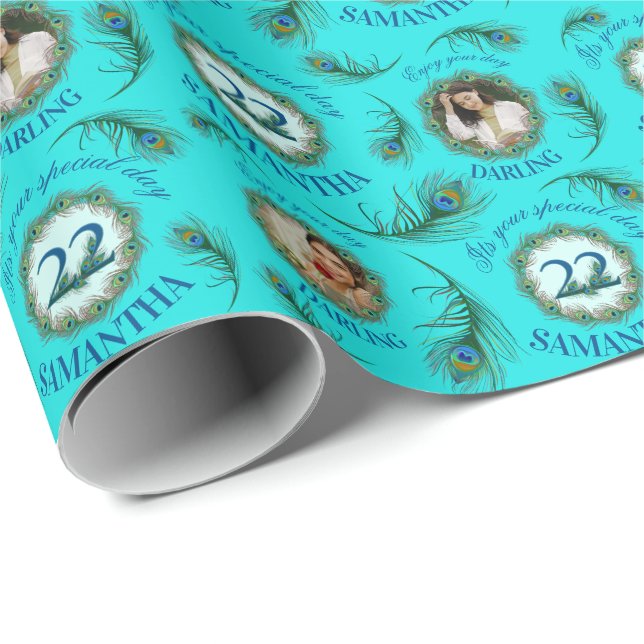 22 Peacock Feather Fully Editable Custom Photo Wrapping Paper (Roll Corner)