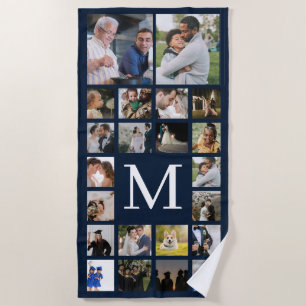 22 Photo Family or Collage With Text Navy Blue Beach Towel