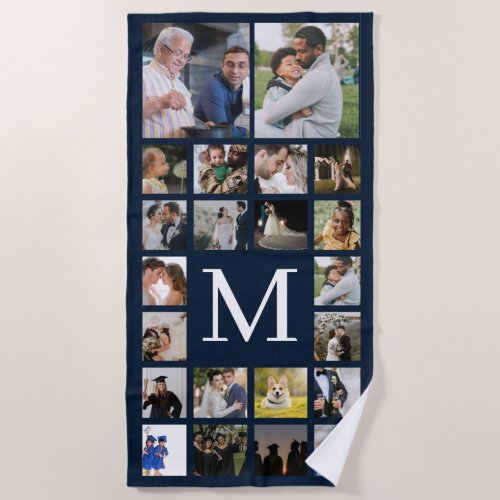 22 Photo Family or Collage With Text Navy Blue  Beach Towel