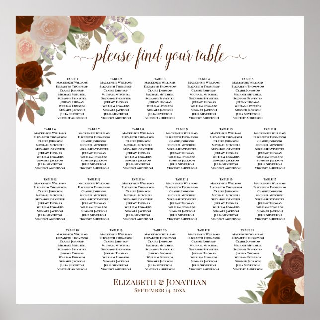 22 Table Autumn Floral Chic Wedding Seating Chart (Front)