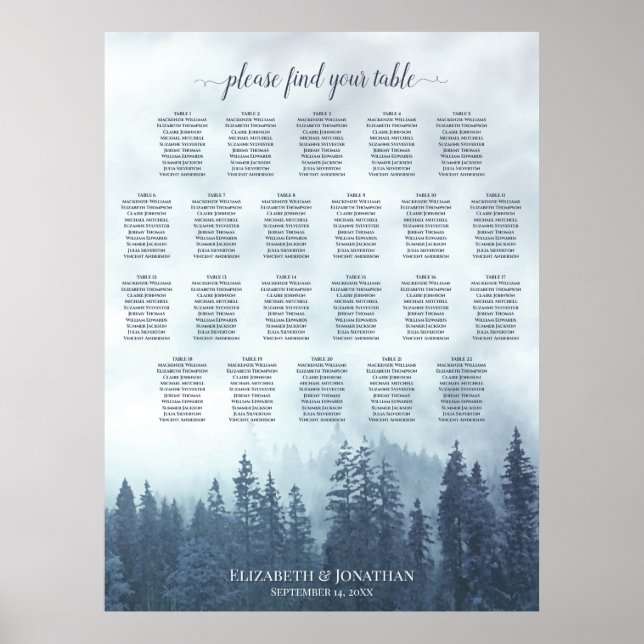 22 Table Blue Pine Trees Wedding Seating Chart (Front)