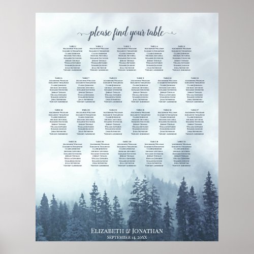 22 Table Blue Pine Trees Wedding Seating Chart