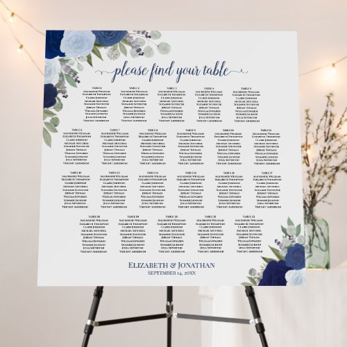 22 Table Blue Roses Elegant Wedding Seating Chart Foam Board