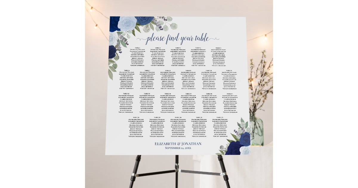 22 Table Blue Roses Elegant Wedding Seating Chart Foam Board Zazzle
