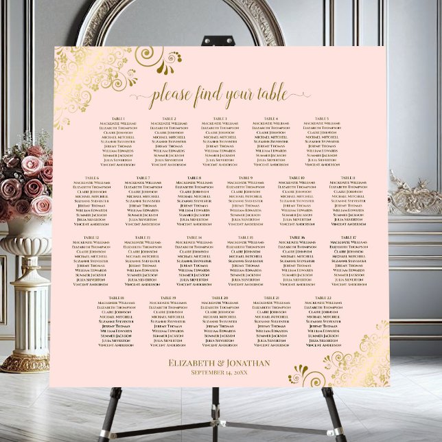 22 Table Blush Pink & Gold Wedding Seating Chart Foam Board (On Stand)