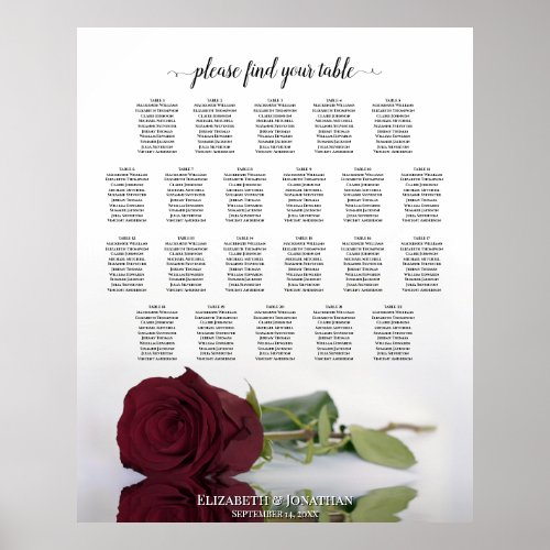 22 Table Burgundy Rose Wedding Seating Chart
