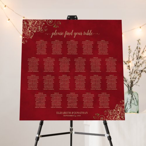 22 Table Crimson Red  Gold Wedding Seating Chart Foam Board