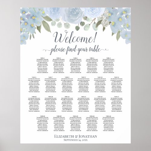 22 Table Dusty Blue Floral Wedding Seating Chart