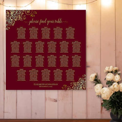 22 Table Elegant Burgundy and Gold Seating Chart