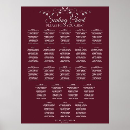 22 Table Elegant Burgundy Wedding Seating Chart
