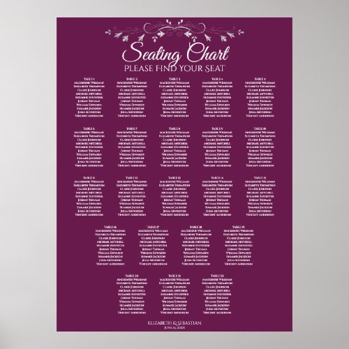 22 Table Elegant Cassis Wedding Seating Chart