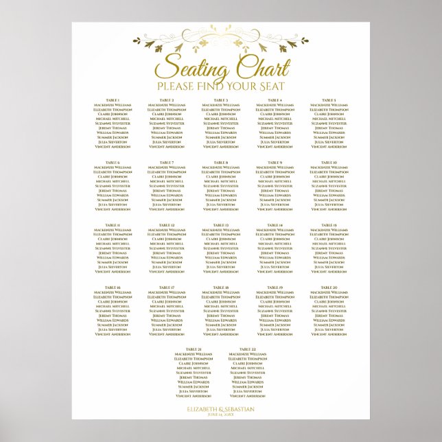 22 Table Elegant Gold Wedding Seating Chart (Front)