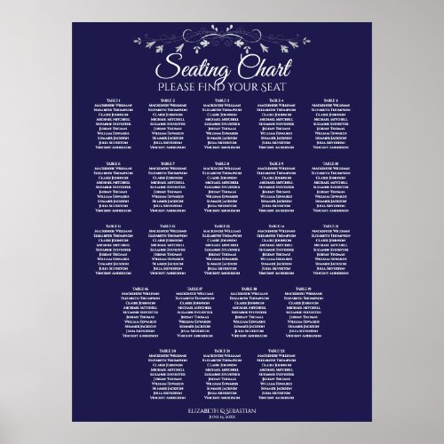 22 Table Elegant Navy Blue Wedding Seating Chart