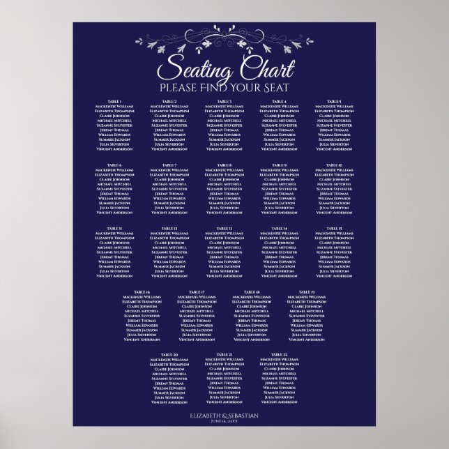 22 Table Elegant Navy Blue Wedding Seating Chart (Front)