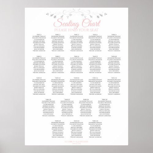 22 Table Elegant Pink  Gray Wedding Seating Chart
