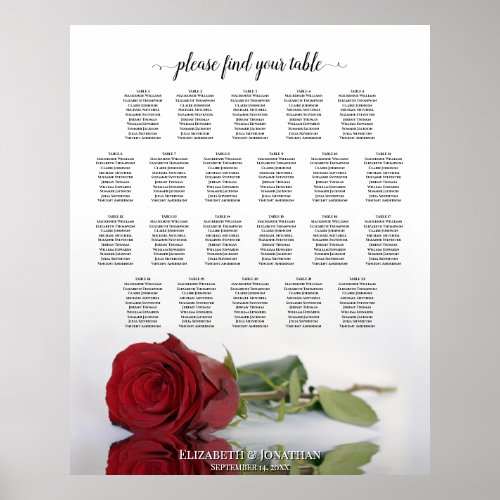 22 Table Elegant Red Rose Wedding Seating Chart