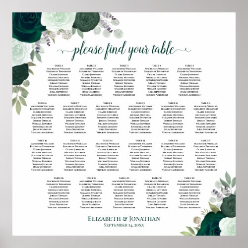 22 Table Emerald Boho Floral Wedding Seating Chart