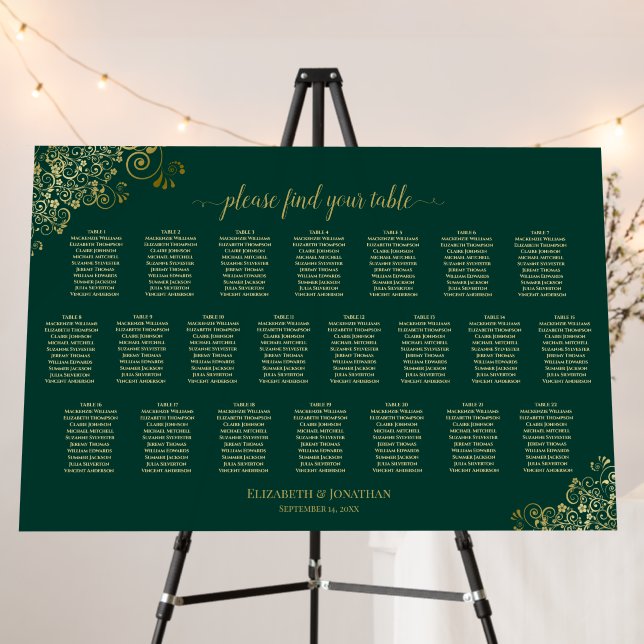 22 Table Emerald & Gold Horizontal Seating Chart Foam Board (In Situ (Stand))