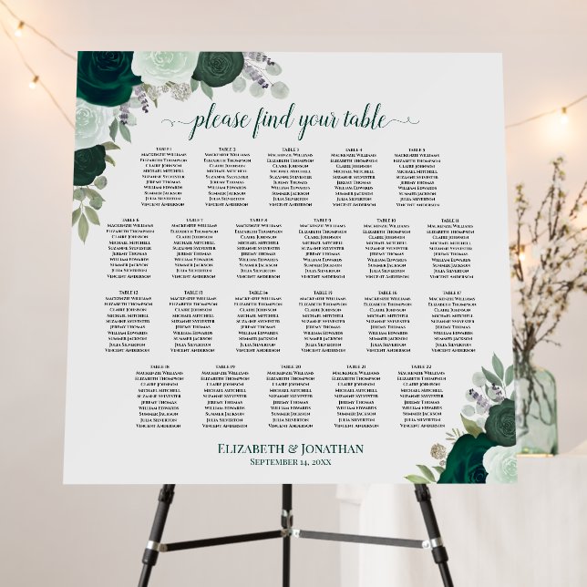22 Table Emerald Roses Boho Wedding Seating Chart Foam Board (In Situ (Stand))