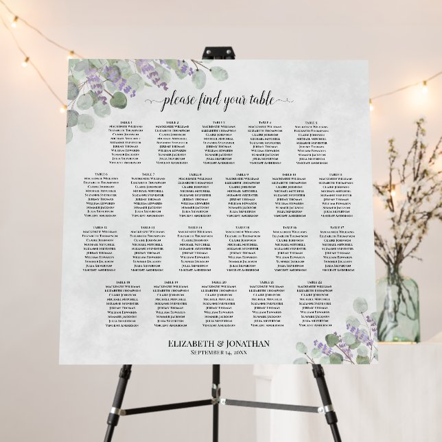 22 Table Eucalyptus Lavender Wedding Seating Chart Foam Board (In Situ (Stand))