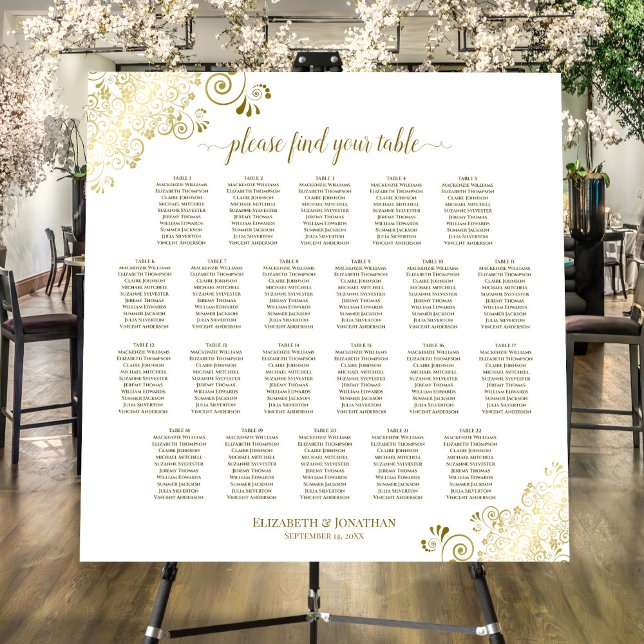 22 Table Fancy Gold & White Wedding Seating Chart Foam Board (In Situ on Stand at Reception)