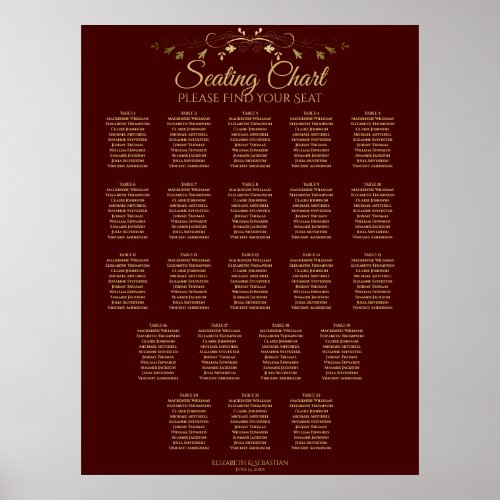 22 Table Gold  Auburn Brown Wedding Seating Chart